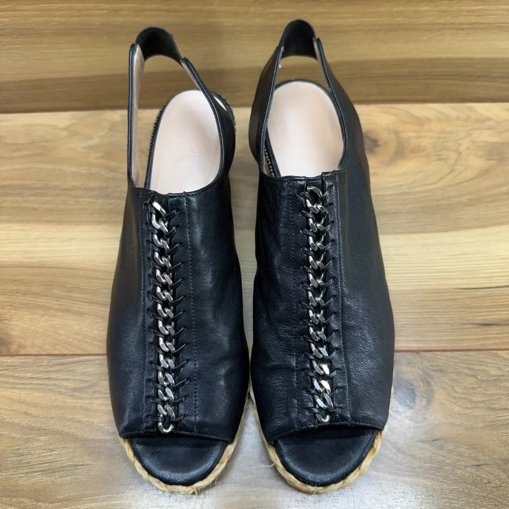 Stuart‎ Weitzman Chain Wedge Sandals Womens 7.5 M Black Leather Slingback